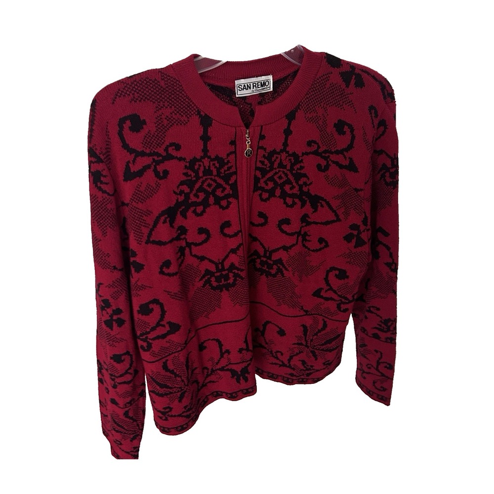 Vintage San Remo Laura Knits Red Black Baroque Zip Cardigan Sweater M